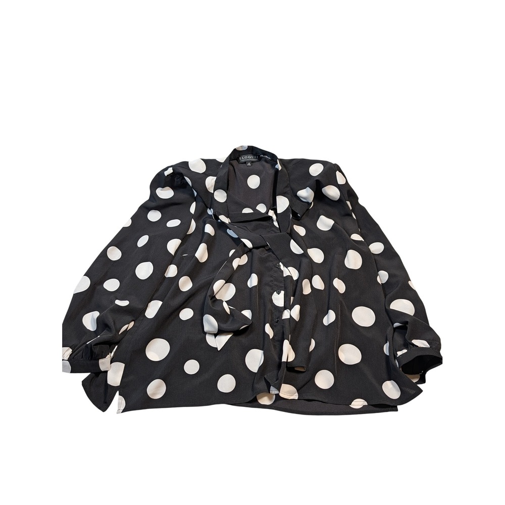 Eloquii Women Polka Dot Tie Neck Blouse 20 Black White